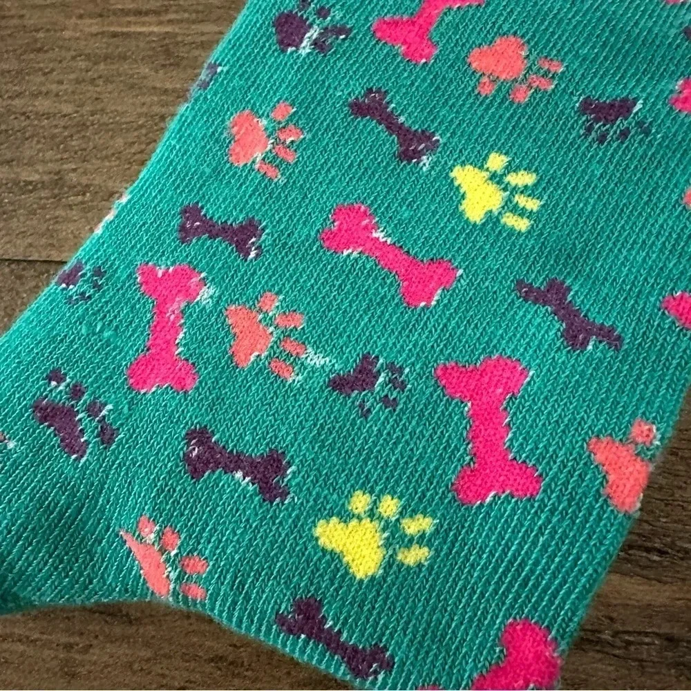 NWT Foozys Womens 9-11 Teal Dog Bone Pawprint Socks Crew‎ Novelty New Puppy Dogs